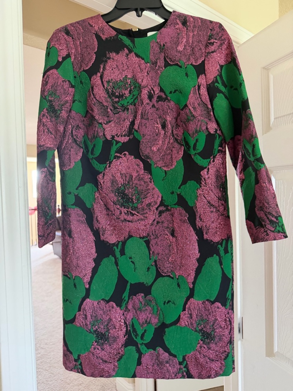 Erdem Metallic Floral Jacquard Long Sleeve Sheath Mini Dress - US 6